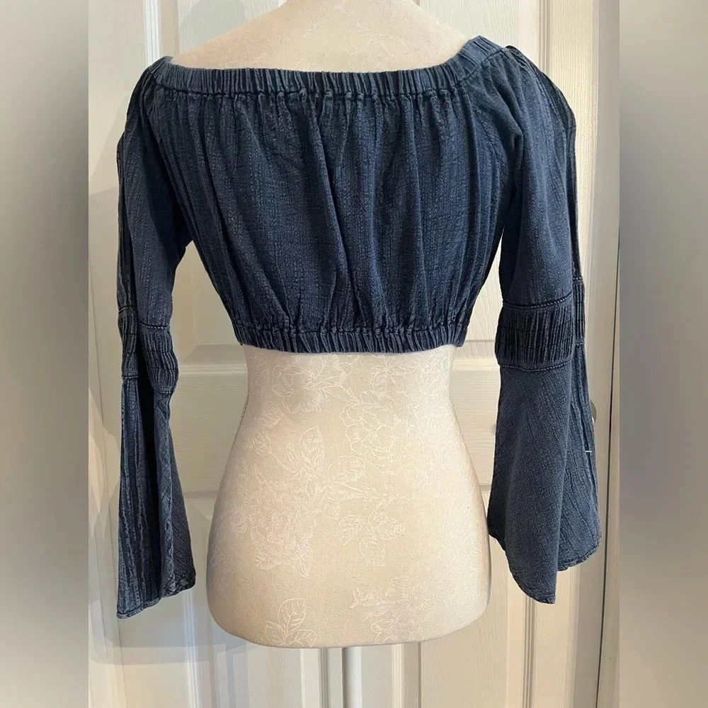 Natural Cotton FLARE MIDNIGHT BLUE OFF-SHOULDER cropped top long sleeve size M - Picture 7 of 16